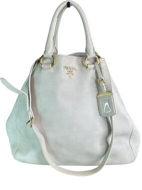 Prada Pebbled Leather Tote in Off-White with Gold Hardware